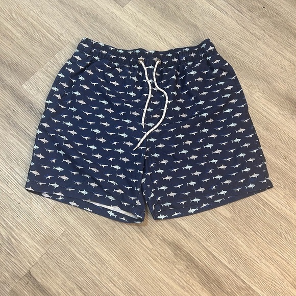 Men’s Atlantis Swim Shorts Trunks. Navy with sharks. Pockets. Drawstring - Picture 3 of 12